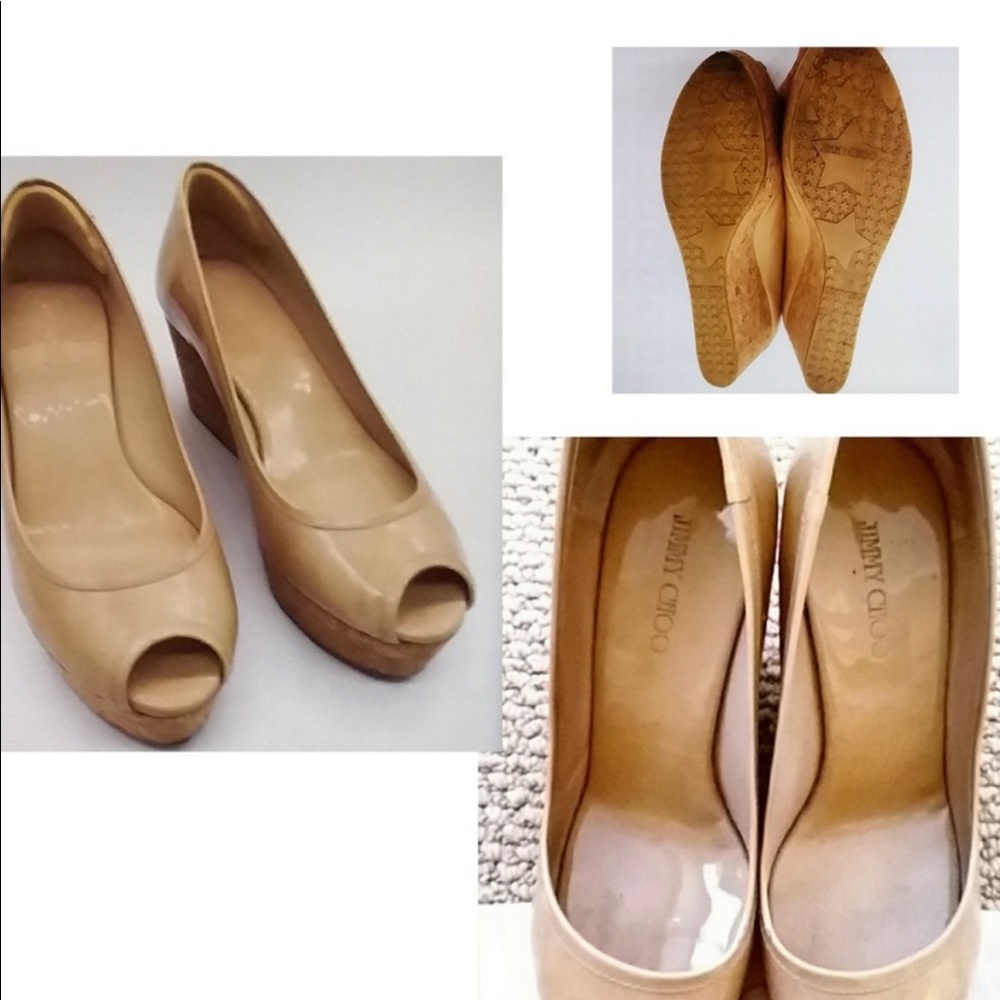 JIMMY CHOO NUDE, PATENT LEATHER, PEEP TOE WEDGES - Picture 2 of 5